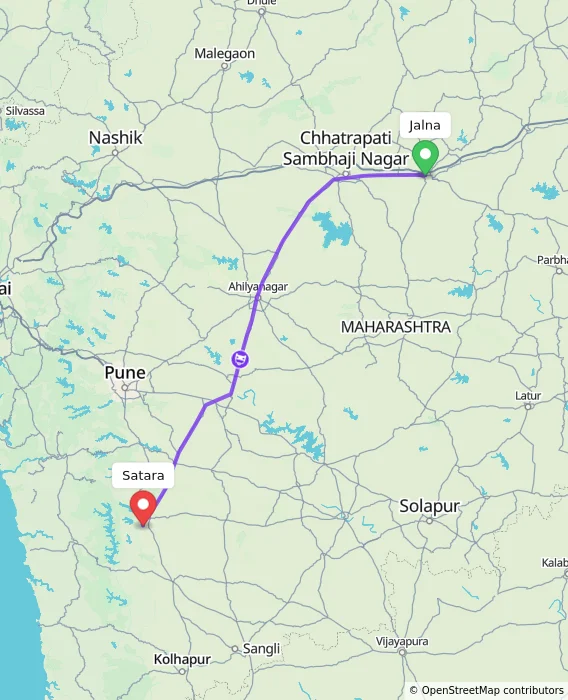 Route map showing distance and travel time from Jalna, India to Satara, India