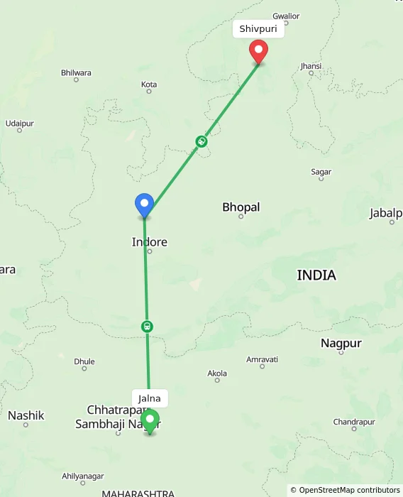 Route map showing distance and travel time from Jalna, India to Shivpuri, India