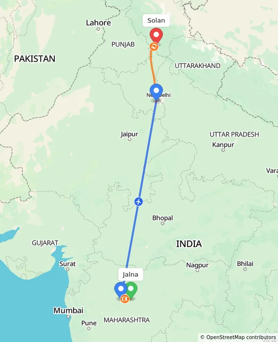Route map showing distance and travel time from Jalna, India to Solan, India