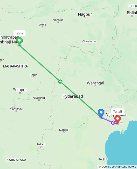 Route map showing distance and travel time from Jalna, India to Tenali, India