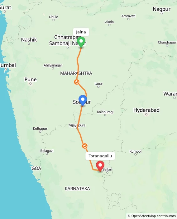 Route map showing distance and travel time from Jalna, India to Toranagallu, India