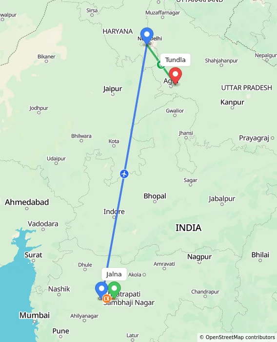 Route map showing distance and travel time from Jalna, India to Tundla, India