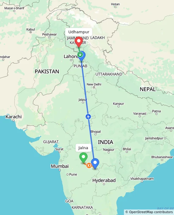 Route map showing distance and travel time from Jalna, India to Udhampur, India