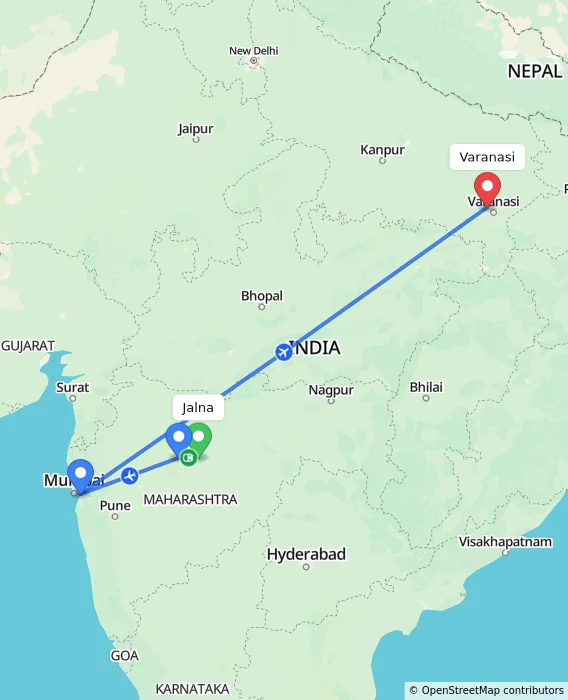 Route map showing distance and travel time from Jalna, India to Varanasi, India