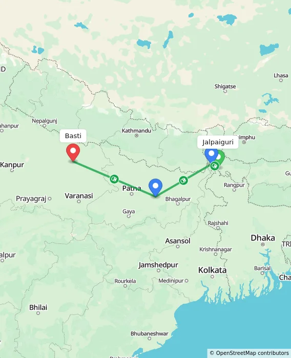 Route map showing distance and travel time from Jalpaiguri, India to Basti, India