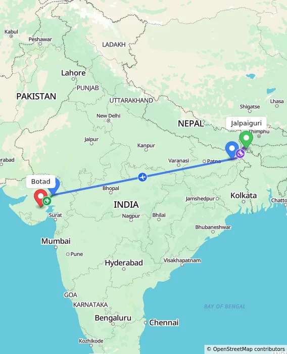 Route map showing distance and travel time from Jalpaiguri, India to Botad, India