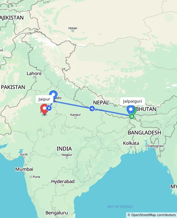Route map showing distance and travel time from Jalpaiguri, India to Jaipur, India