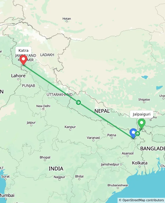 Route map showing distance and travel time from Jalpaiguri, India to Katra, India
