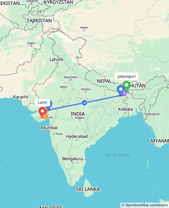 Route map showing distance and travel time from Jalpaiguri, India to Lathi, India