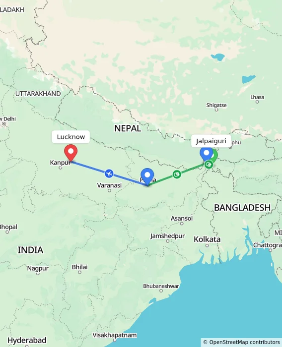 Route map showing distance and travel time from Jalpaiguri, India to Lucknow, India