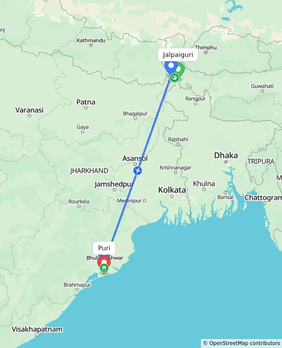 Route map showing distance and travel time from Jalpaiguri, India to Puri, India