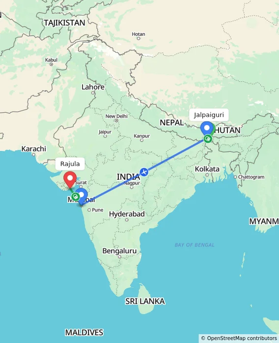 Route map showing distance and travel time from Jalpaiguri, India to Rajula, India