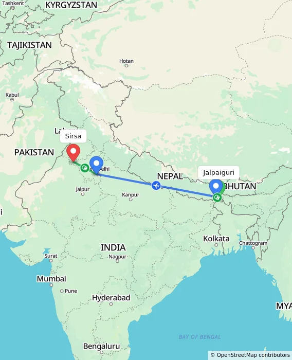 Route map showing distance and travel time from Jalpaiguri, India to Sirsa, India
