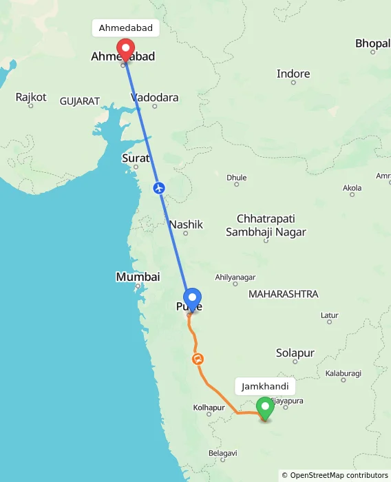 Route map showing distance and travel time from Jamkhandi, India to Ahmedabad, India