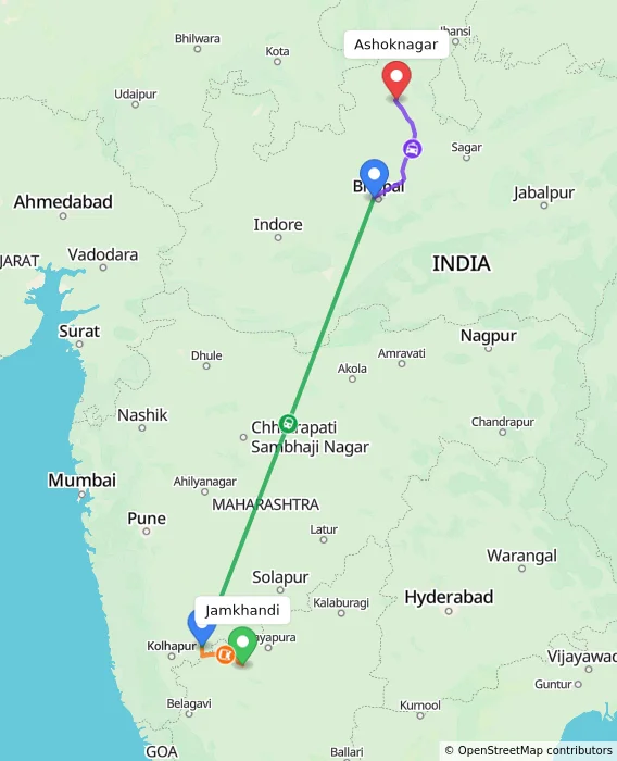 Route map showing distance and travel time from Jamkhandi, India to Ashoknagar, India