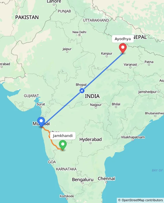 Route map showing distance and travel time from Jamkhandi, India to Ayodhya, India