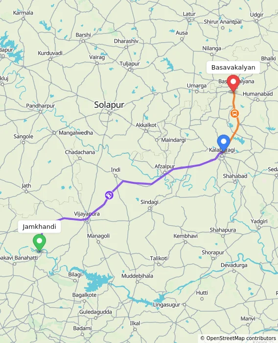 Route map showing distance and travel time from Jamkhandi, India to Basavakalyan, India