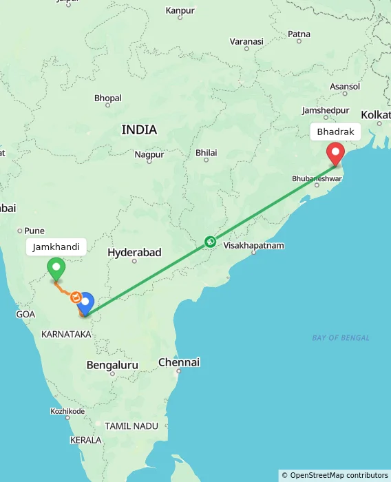 Route map showing distance and travel time from Jamkhandi, India to Bhadrak, India
