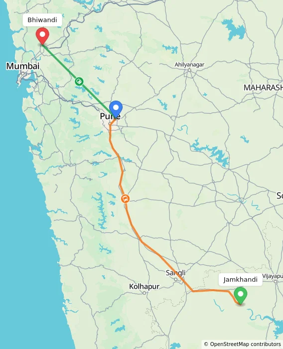 Route map showing distance and travel time from Jamkhandi, India to Bhiwandi, India
