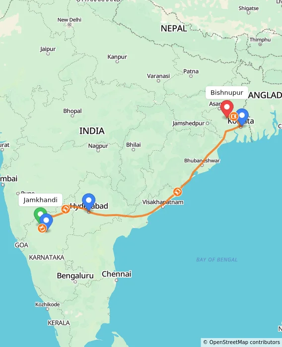 Route map showing distance and travel time from Jamkhandi, India to Bishnupur, India