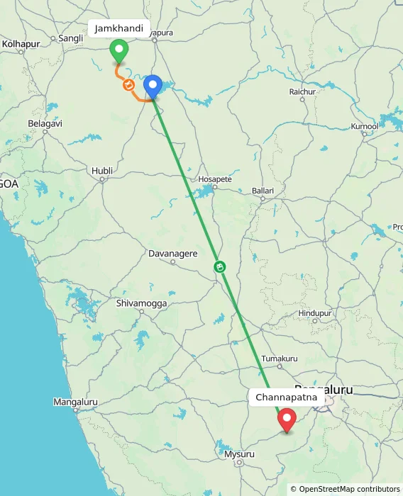 Route map showing distance and travel time from Jamkhandi, India to Channapatna, India
