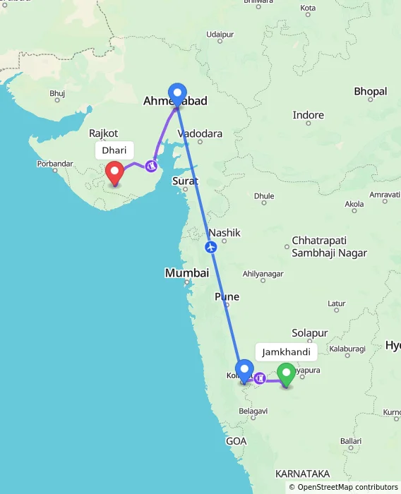Route map showing distance and travel time from Jamkhandi, India to Dhari, India