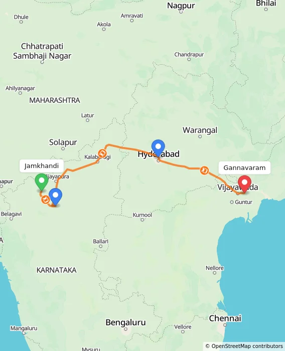 Route map showing distance and travel time from Jamkhandi, India to Gannavaram, India