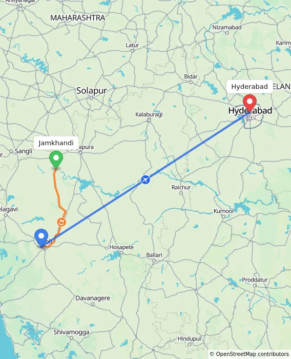 Route map showing distance and travel time from Jamkhandi, India to Hyderabad, India