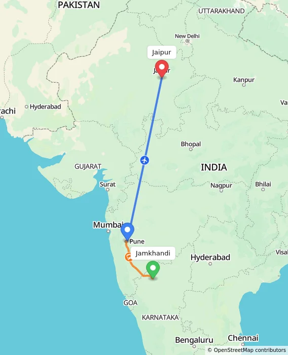 Route map showing distance and travel time from Jamkhandi, India to Jaipur, India