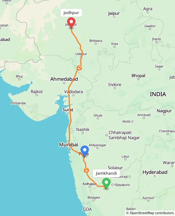 Route map showing distance and travel time from Jamkhandi, India to Jodhpur, India