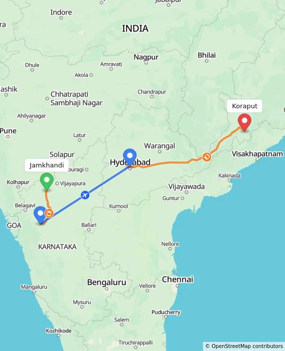 Route map showing distance and travel time from Jamkhandi, India to Koraput, India