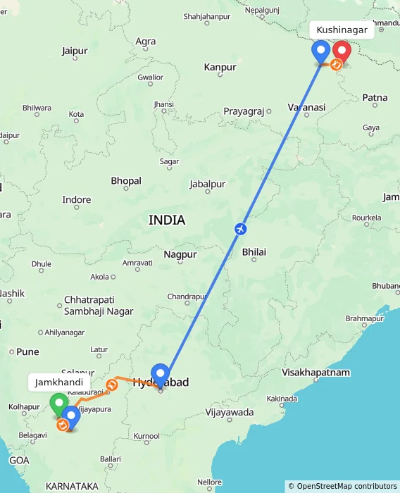 Route map showing distance and travel time from Jamkhandi, India to Kushinagar, India