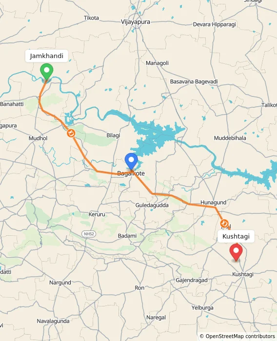 Route map showing distance and travel time from Jamkhandi, India to Kushtagi, India