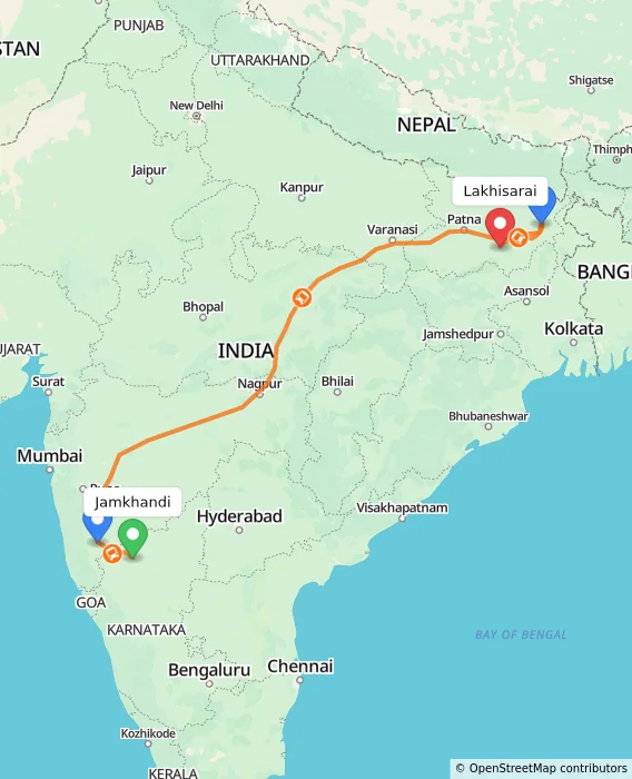 Route map showing distance and travel time from Jamkhandi, India to Lakhisarai, India