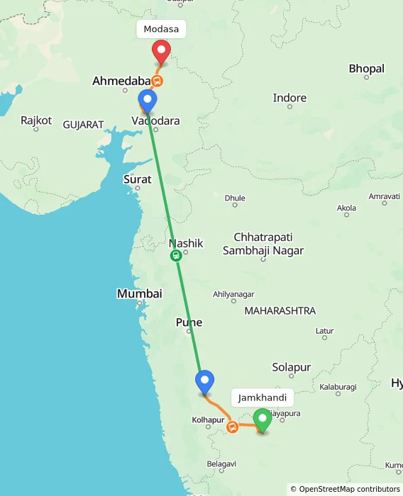 Route map showing distance and travel time from Jamkhandi, India to Modasa, India