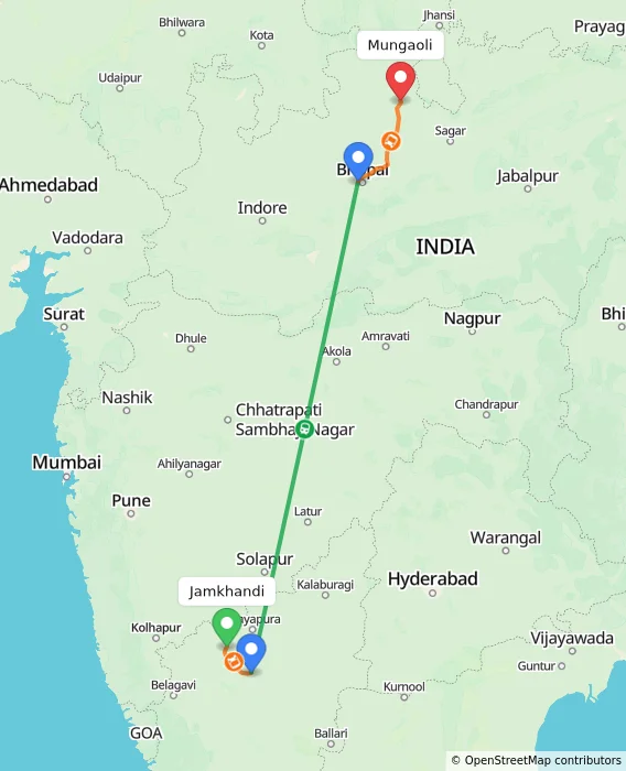 Route map showing distance and travel time from Jamkhandi, India to Mungaoli, India