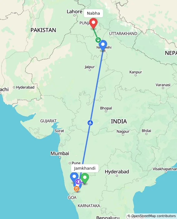 Route map showing distance and travel time from Jamkhandi, India to Nabha, India