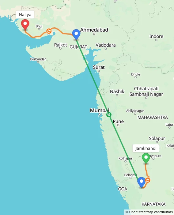Route map showing distance and travel time from Jamkhandi, India to Naliya, India