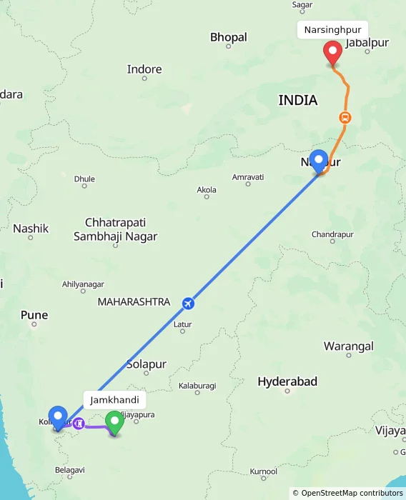 Route map showing distance and travel time from Jamkhandi, India to Narsinghpur, India
