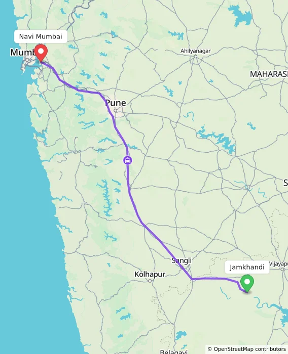 Route map showing distance and travel time from Jamkhandi, India to Navi Mumbai, India