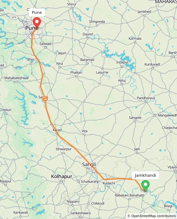 Route map showing distance and travel time from Jamkhandi, India to Pune, India