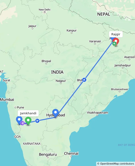 Route map showing distance and travel time from Jamkhandi, India to Rajgir, India