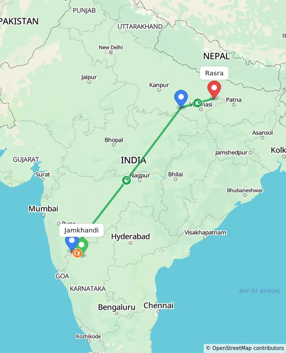 Route map showing distance and travel time from Jamkhandi, India to Rasra, India