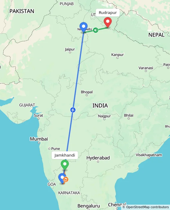Route map showing distance and travel time from Jamkhandi, India to Rudrapur, India