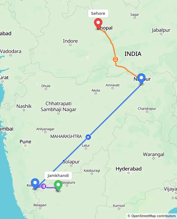 Route map showing distance and travel time from Jamkhandi, India to Sehore, India