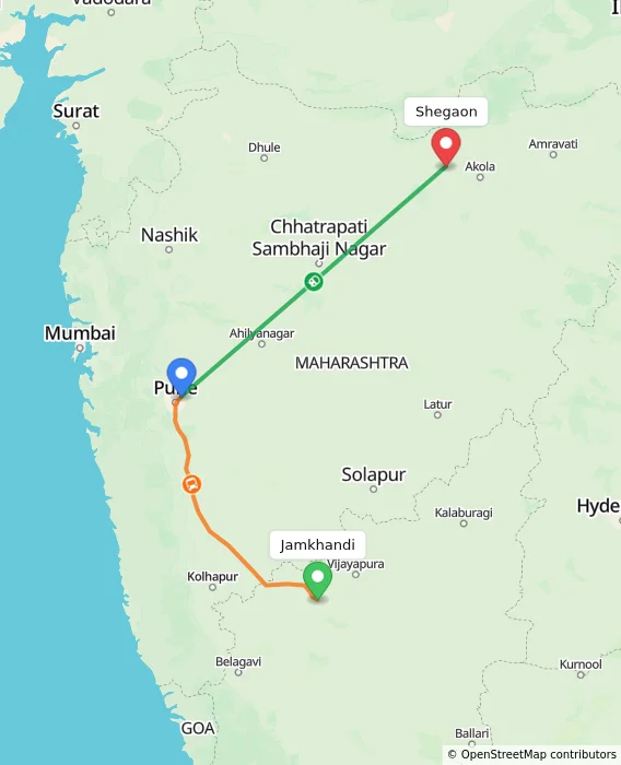 Route map showing distance and travel time from Jamkhandi, India to Shegaon, India
