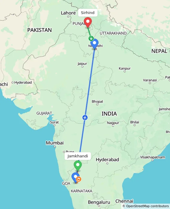 Route map showing distance and travel time from Jamkhandi, India to Sirhind, India