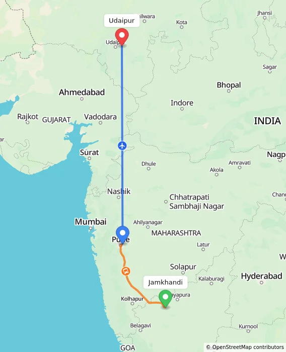 Route map showing distance and travel time from Jamkhandi, India to Udaipur, India