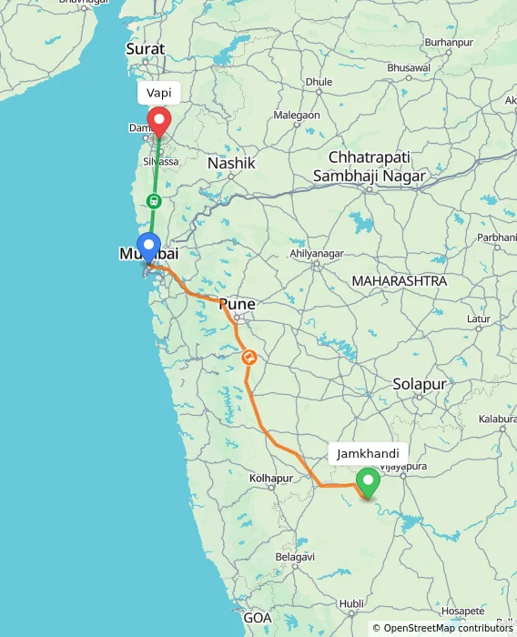 Route map showing distance and travel time from Jamkhandi, India to Vapi, India