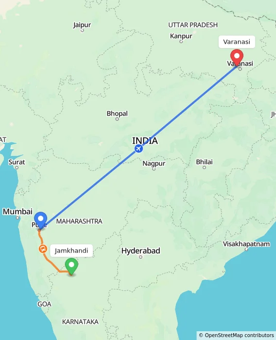Route map showing distance and travel time from Jamkhandi, India to Varanasi, India